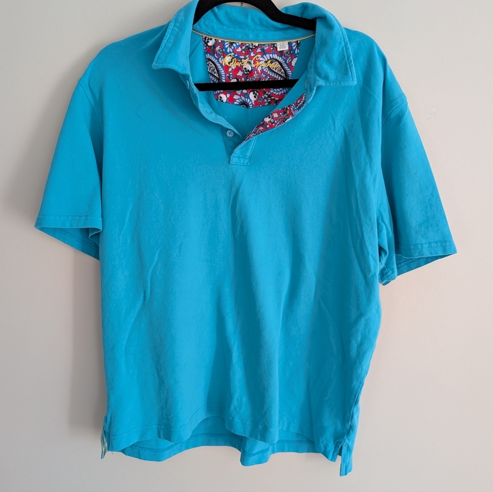 Robert Graham Cotton Teal Contrast Paisley Polo Short Sleeve Golf Shirt Large